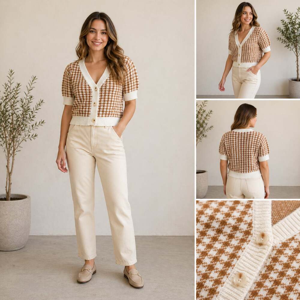 Endless Blu Brown Gingham Cropped Cardigan Puff Sleeve Cottagecore Size S